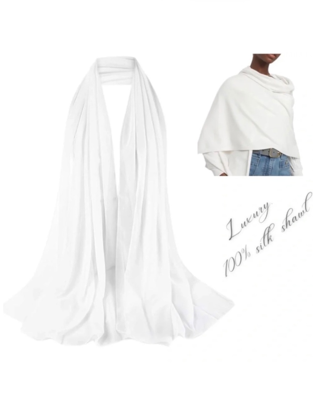 Large 100% SILK SATIN White Shawl Scarf Wrap Wedding Bridal Bridesmaid Cover up